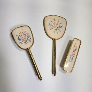 Vintage Petit Point Vanity Set 3-Piece Mirror & Brush Set (Made in England)